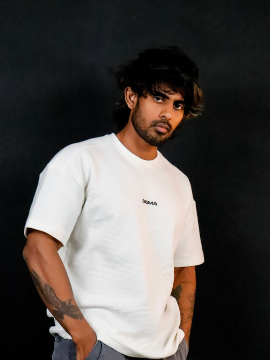 Waffle Texture Drop-Shoulder Tee - Beige