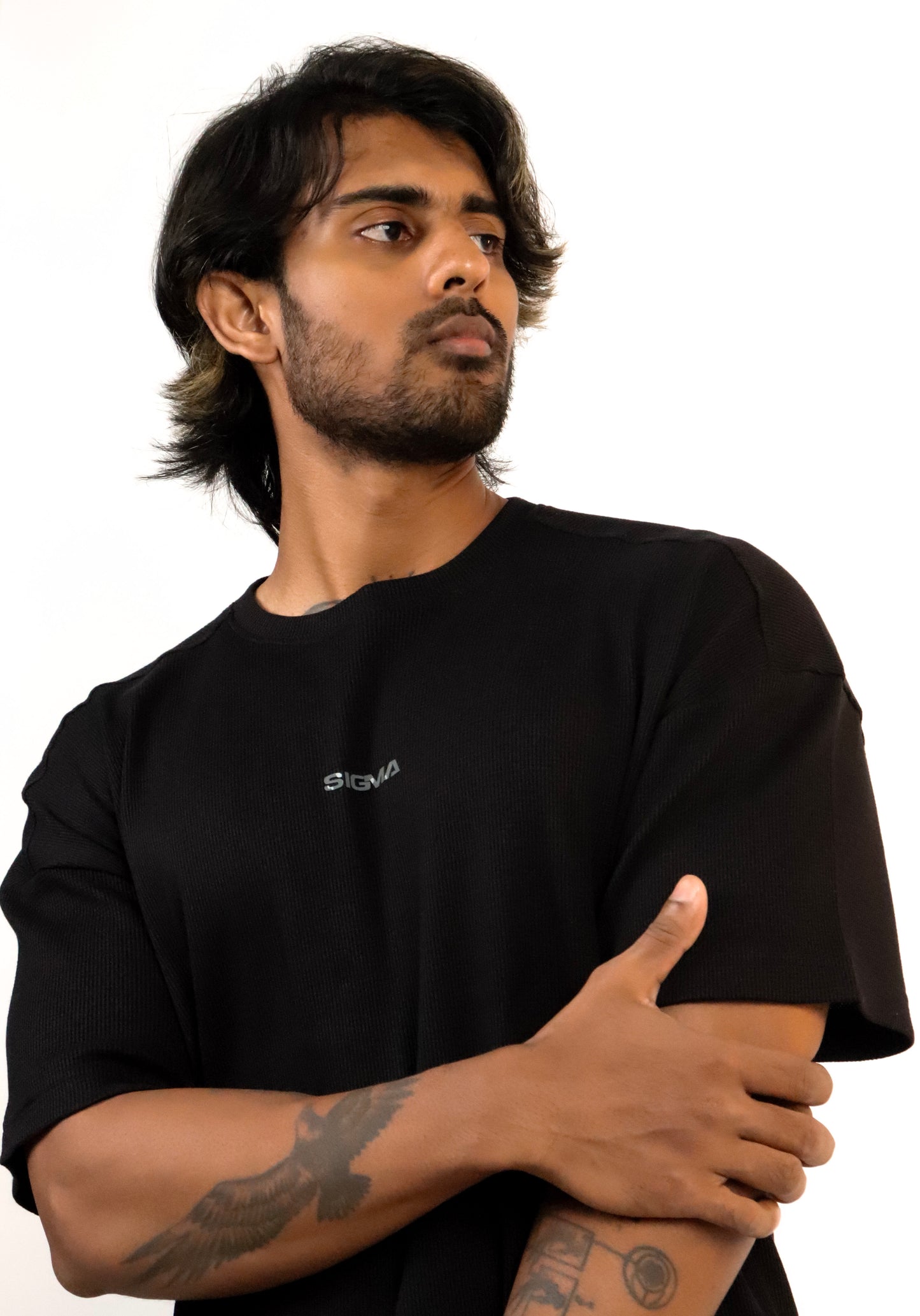 Waffle Texture Drop-Shoulder Tee - Black