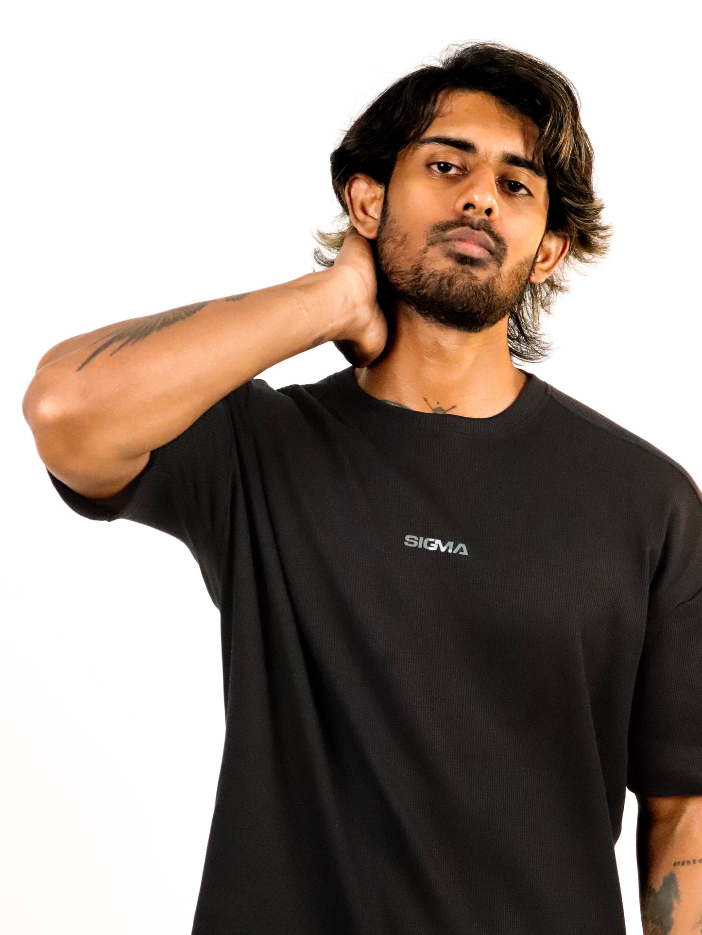 Waffle Texture Drop-Shoulder Tee - Black