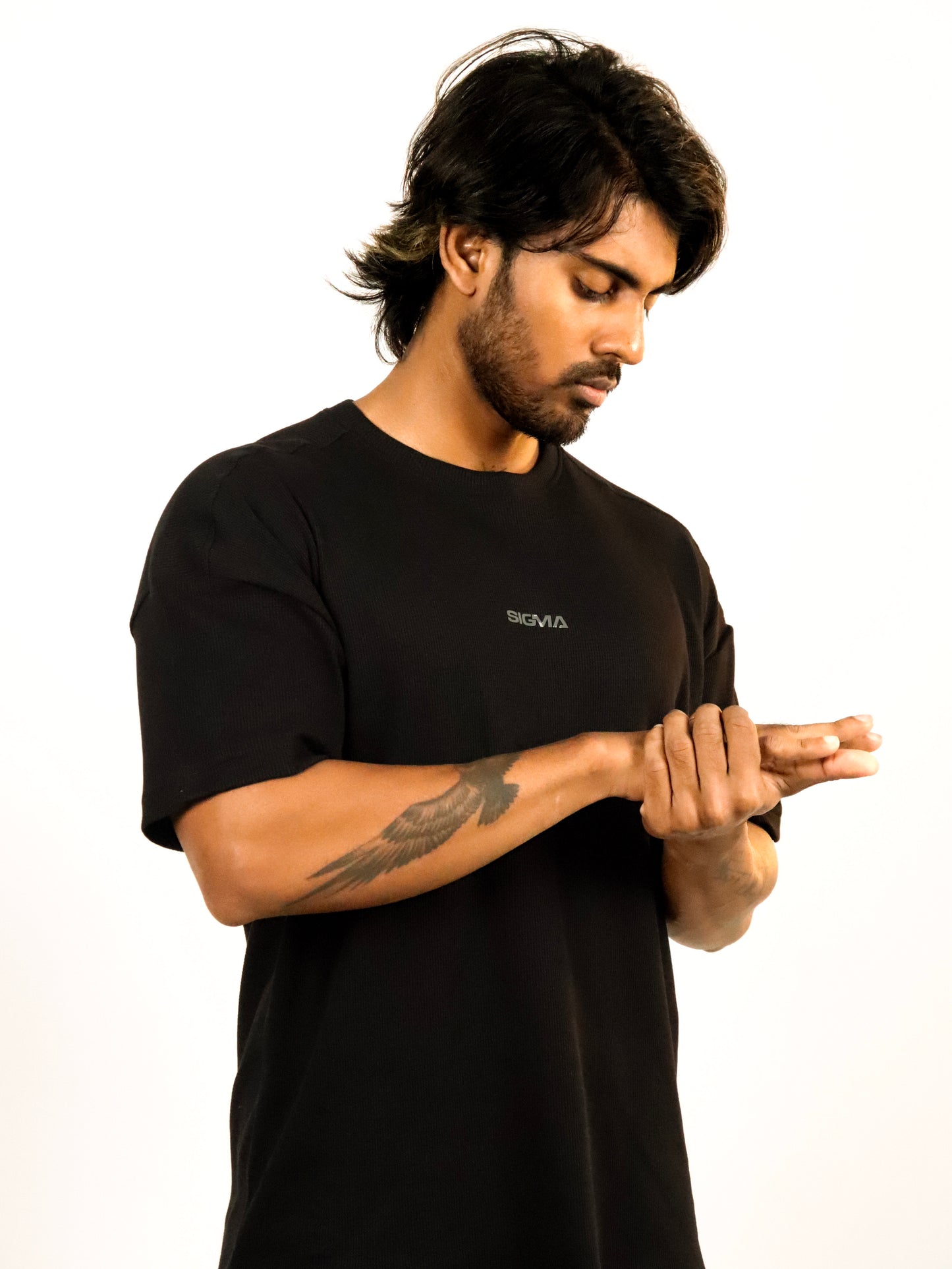 Waffle Texture Drop-Shoulder Tee - Black