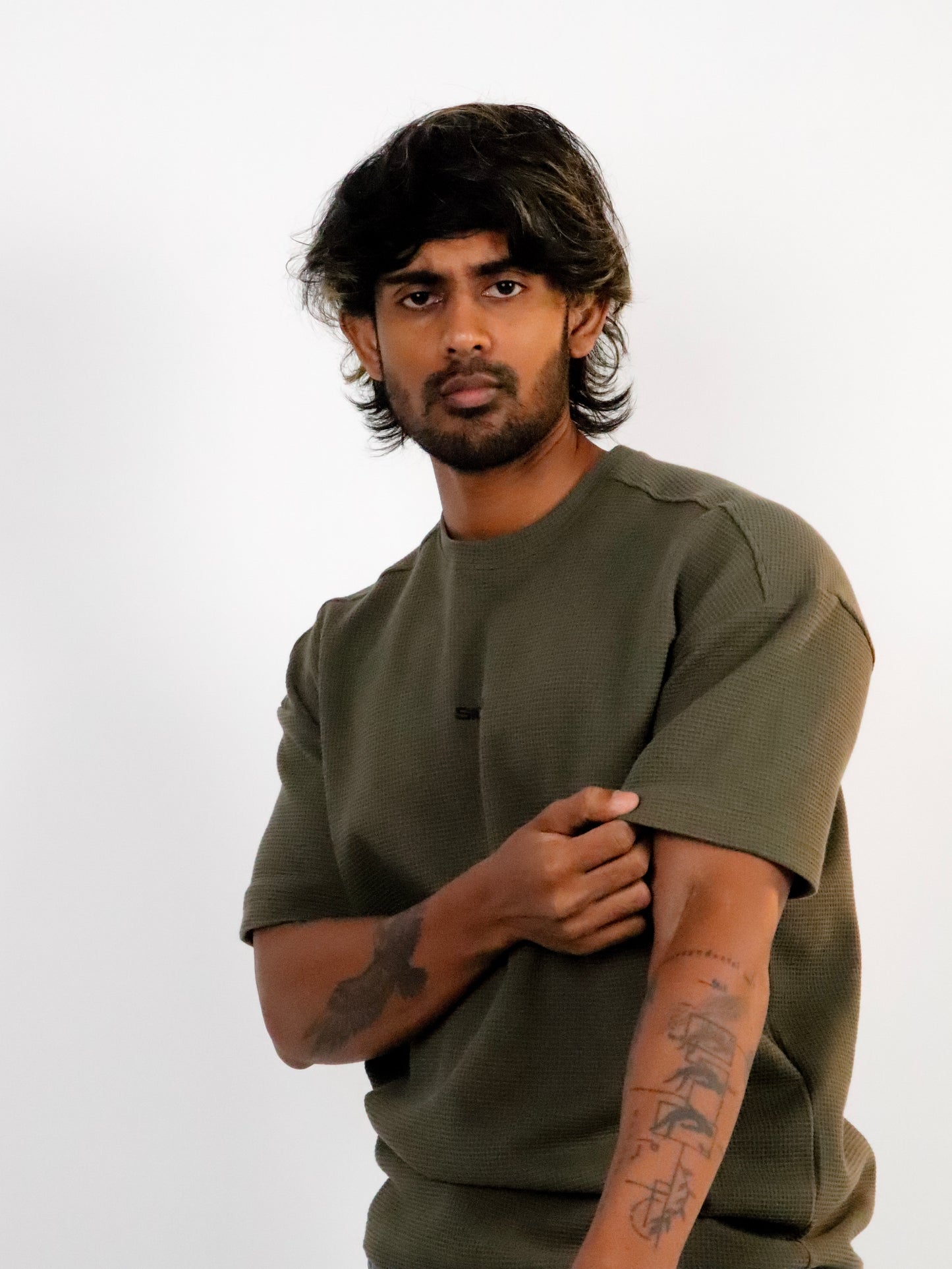 Waffle Texture Drop-Shoulder Tee - Khaki