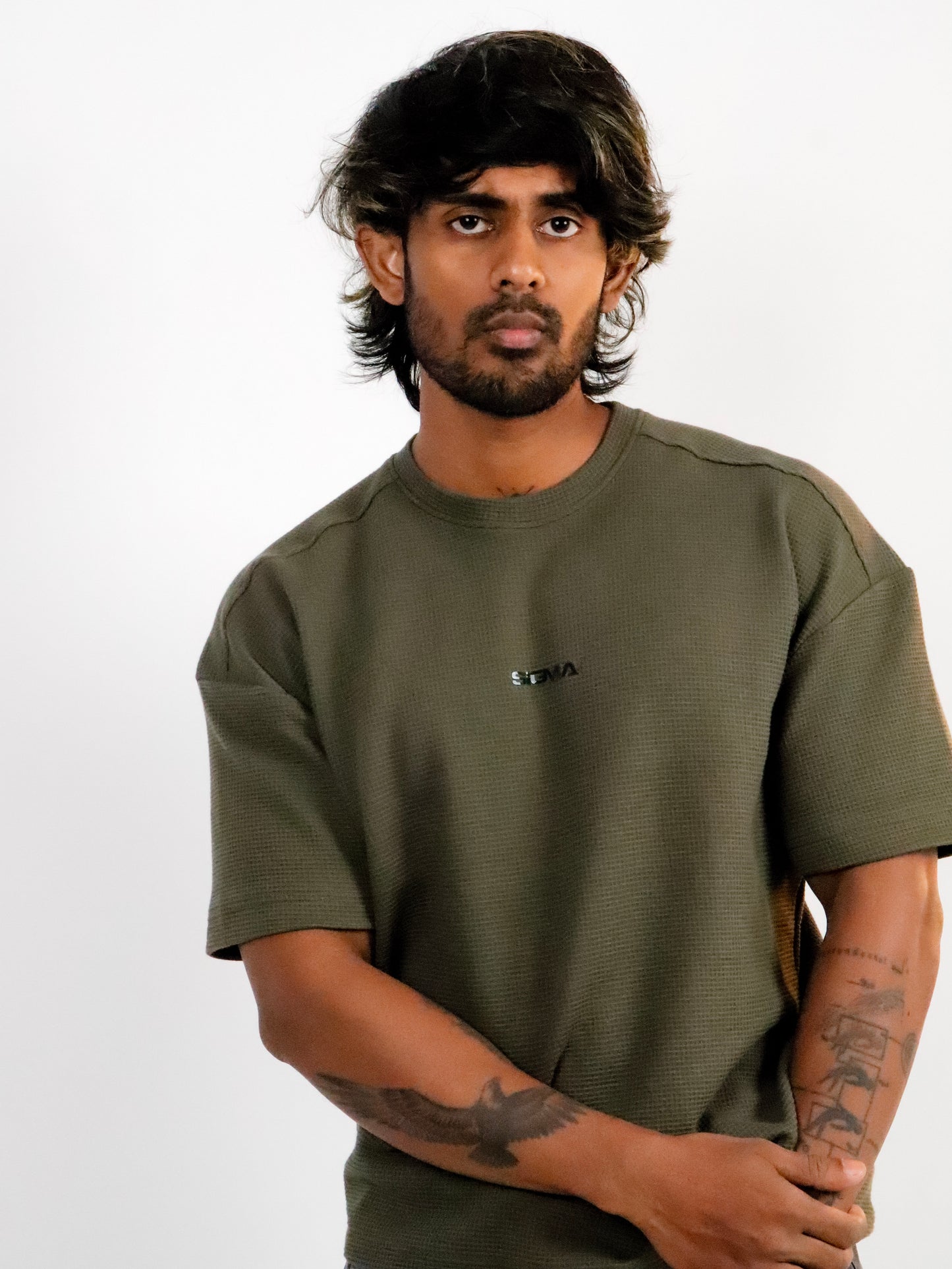 Waffle Texture Drop-Shoulder Tee - Khaki