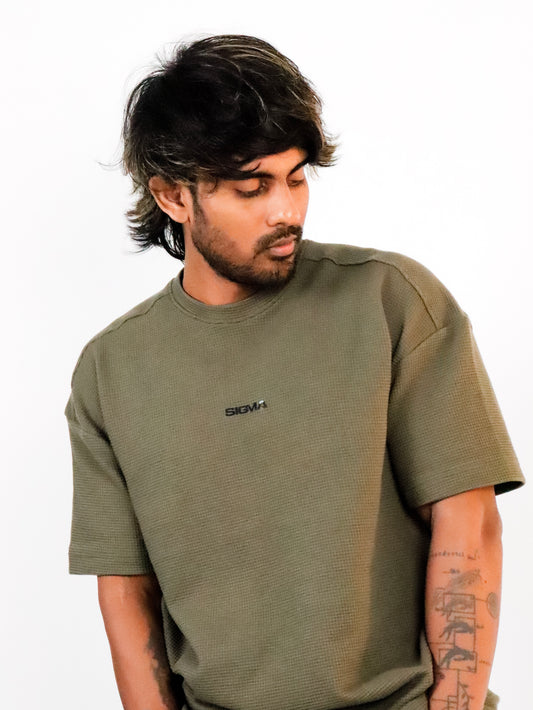 Waffle Texture Drop-Shoulder Tee - Khaki