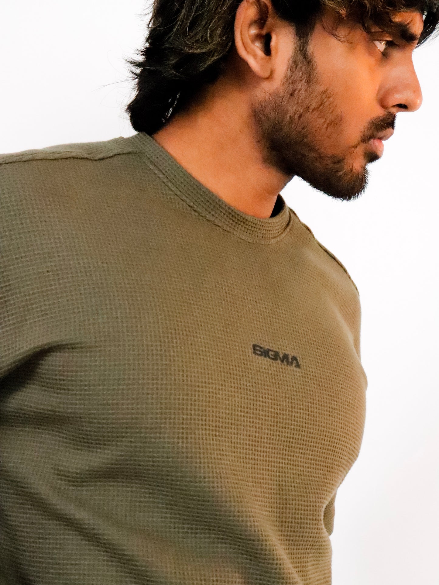 Waffle Texture Drop-Shoulder Tee - Khaki