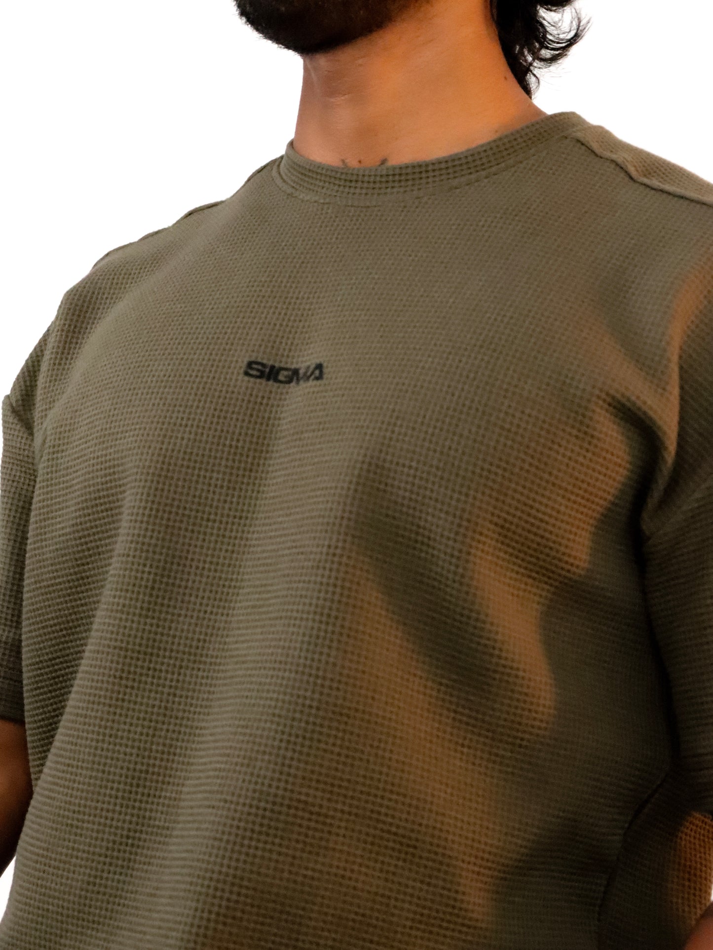 Waffle Texture Drop-Shoulder Tee - Khaki