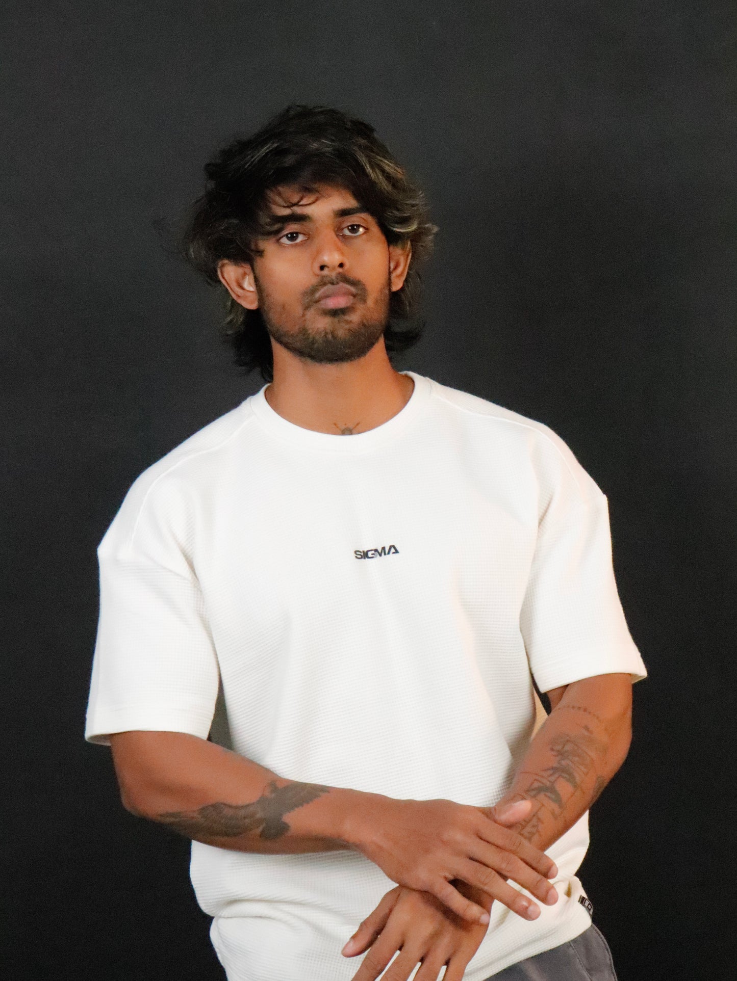 Waffle Texture Drop-Shoulder Tee - Beige