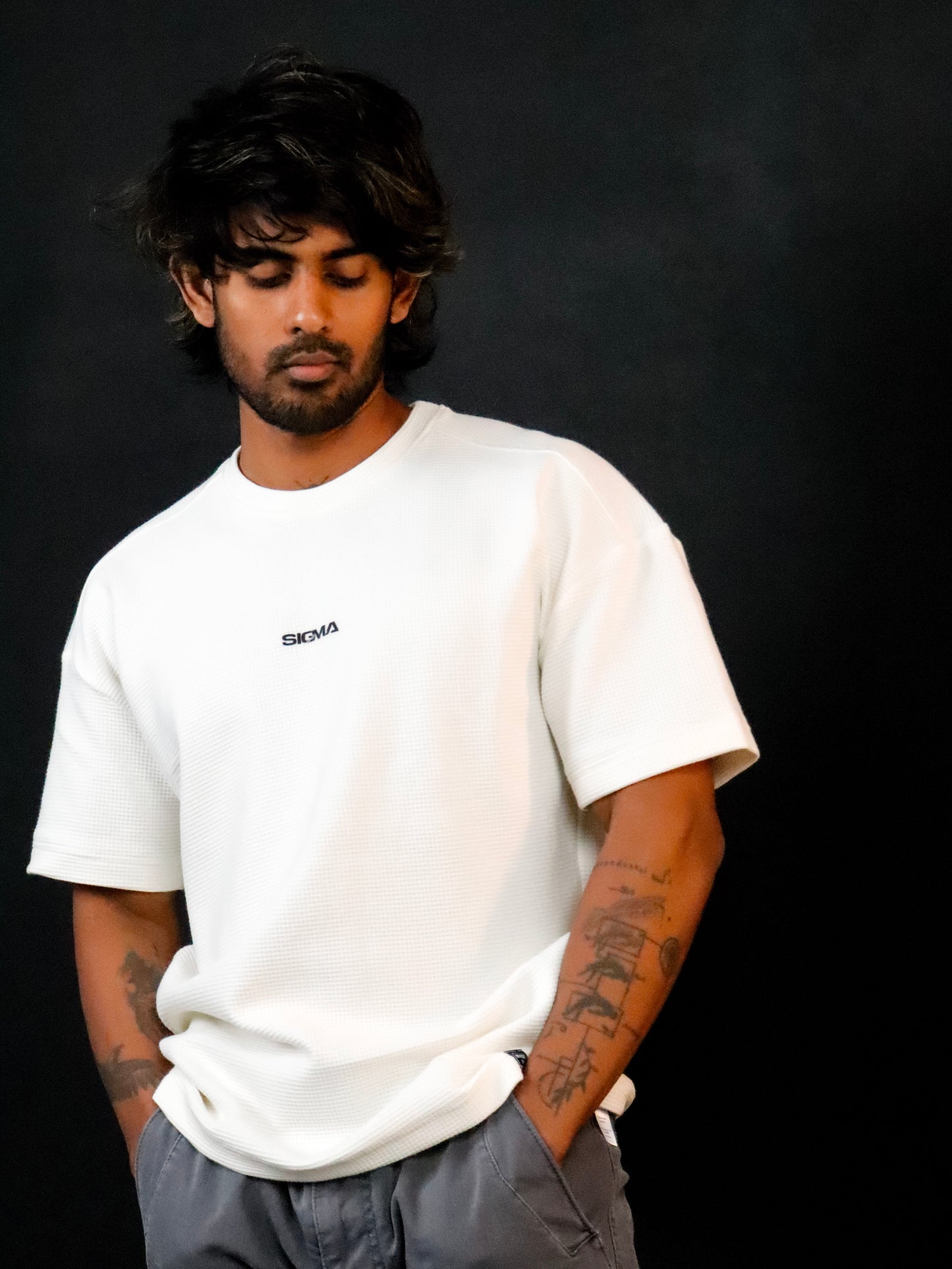 Waffle Texture Drop-Shoulder Tee - Beige